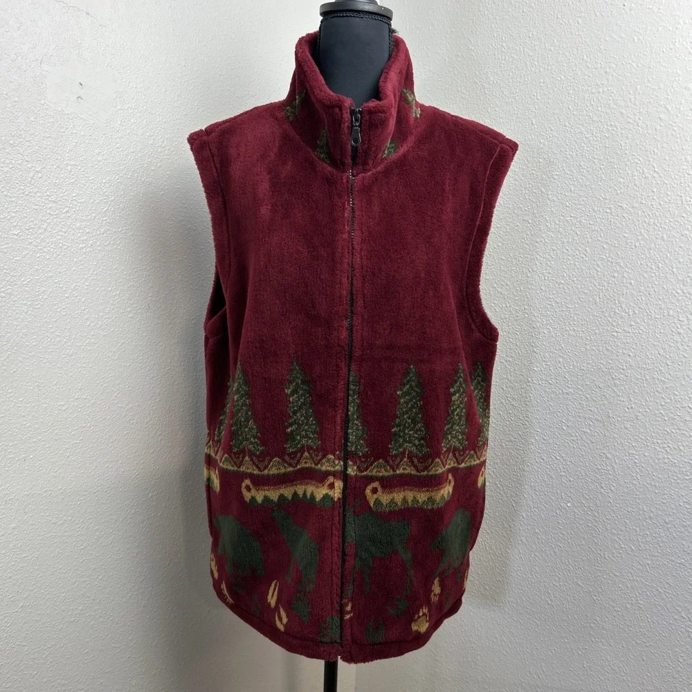 Glacier Gear Outdoor Vest Women's Medium Maroon Animals & Trees Outdoor Zip‎ Up